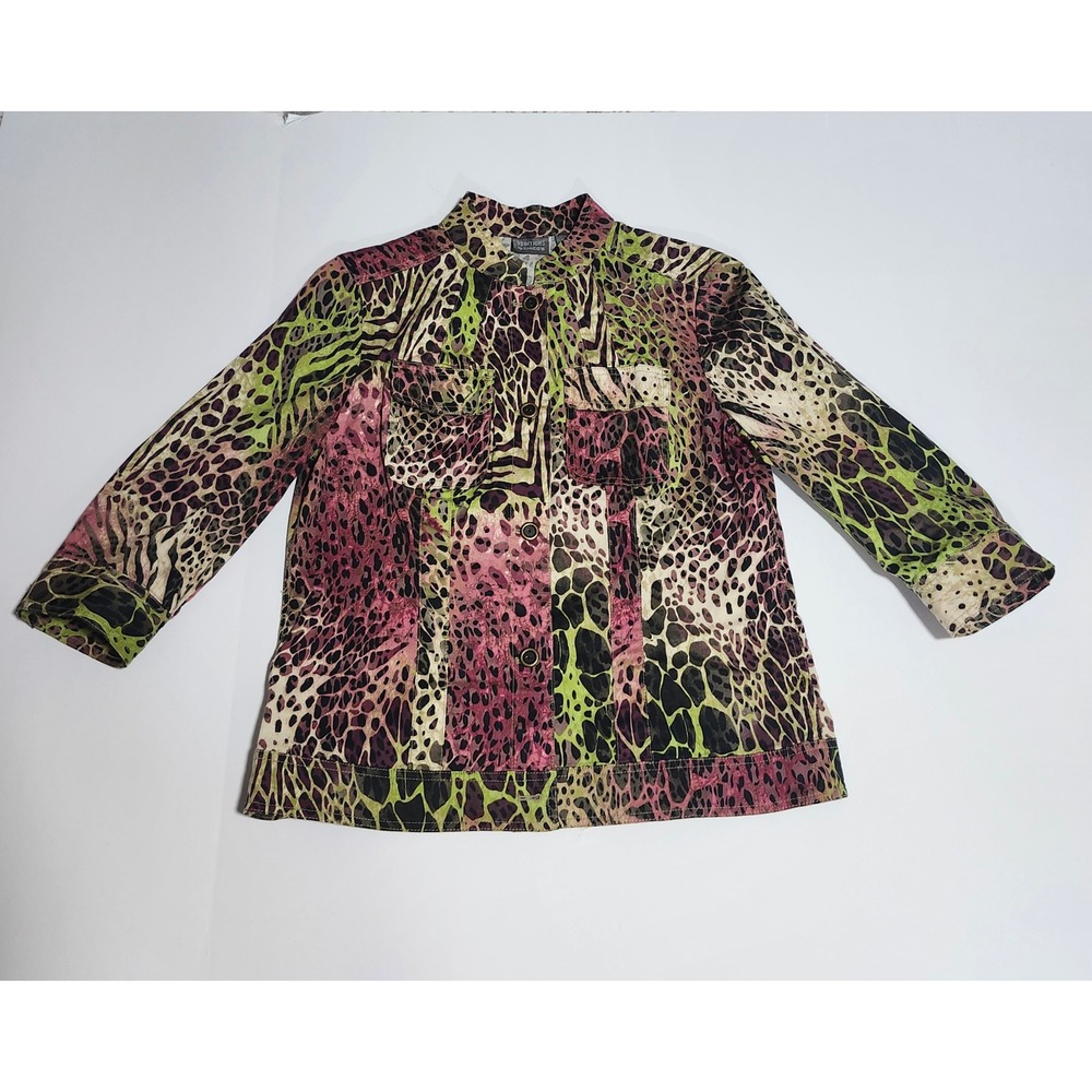 Additions by Chicos Animal Print Jacket Pink Green Cotton Size 1 Medium